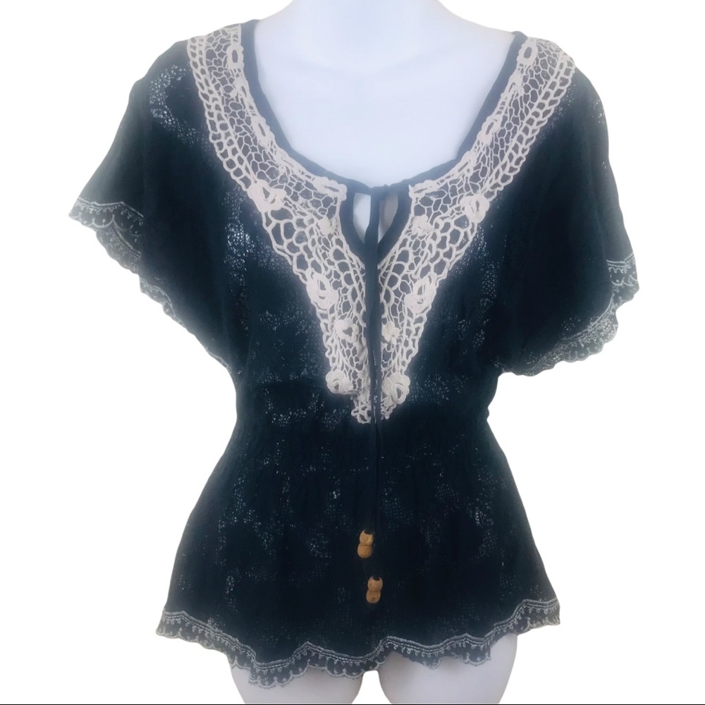 Cottagecore Pheasant Top S Black Cream Crochet Trim Scallop
